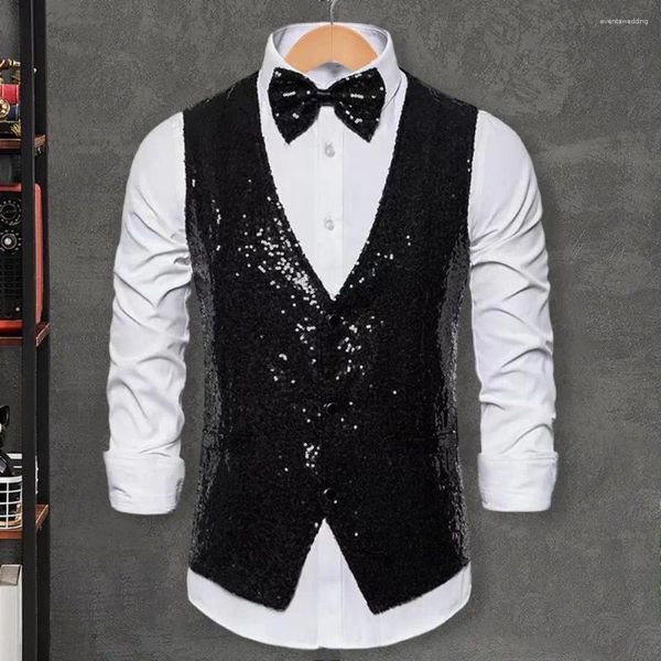 Coletes masculinos Men Waistcoat Stage Performance brilhante lantejoulas slim fit V coletes sem mangas de pescoço com um nó de arco com arco