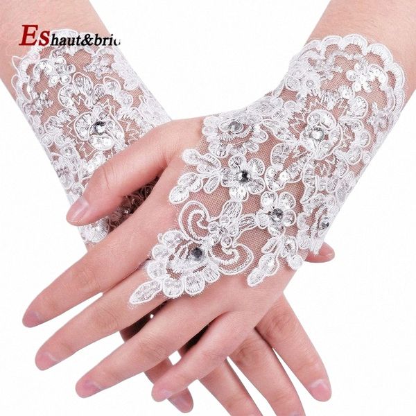 Hohe Qualität Elegante Elfenbein Kurzen Absatz Spitze Fingerl Rhineste Braut Handschuhe für Hochzeit Party Sexy Accories F6Xy #