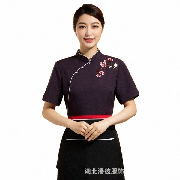 Отель Рабочая одежда Летняя женская китайская униформа для общественного питания Natial Style Plum Blossom Tang Костюм Чайный домик Официант с коротким рукавом A q8ki #