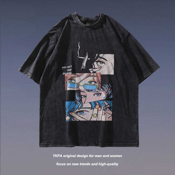 Tkpa High Street Used Wash Lustige Cartoon-bedruckte Kurzarm-T-Shirts für Männer und Frauen Ins China-Chic-Marke OversizeD45Y
