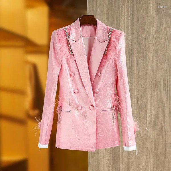 Ternos femininos deslumbrante traje bebê rosa faísca lantejoulas pena retalhos pedras extravagantes mulheres jaquetas de festa de luxo senhora blazers