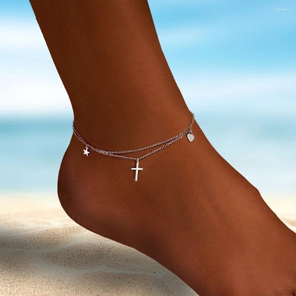 Cavigliere BOAKO S925 Sterling Silver Smooth Mini Cross Love Star Ciondola i piedi Catena Doppio strato Summer Beach per le donne Ragazza Joias