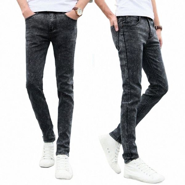 Calças jeans na moda tornozelo comprimento mid-rise pele-toque homens fino ajuste denim calças lg homens jeans versátil c4i6 #