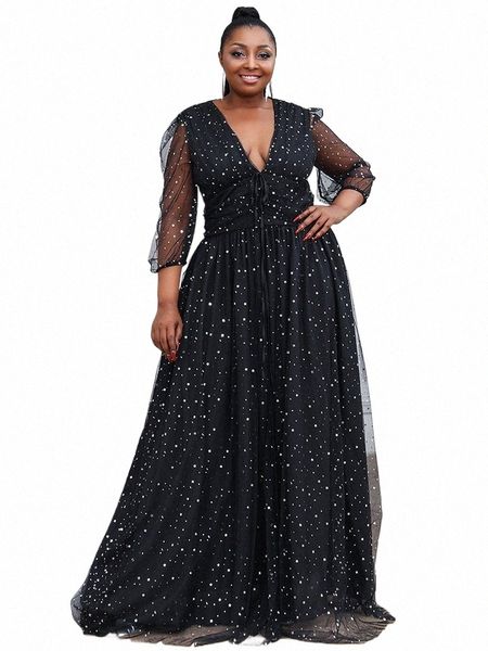 Missord Donne Polka Dot Plus Size Dr Estate scollo a V Lg maniche coscia Split A-line Beach Party Prom Dres abito di sfera nero p04l #