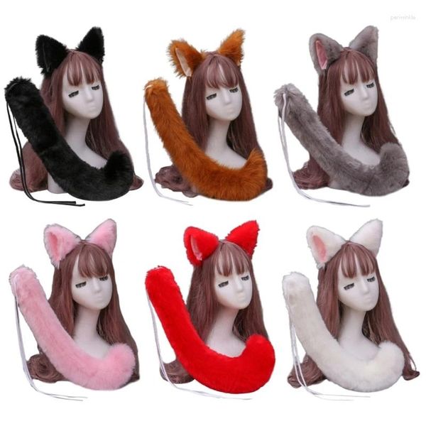 Articoli per feste Anime giapponesi Set di costumi cosplay di Halloween Tinta unita Pelliccia sintetica Gattino Orecchie di lupo Fascia con coda lunga di animale peluche