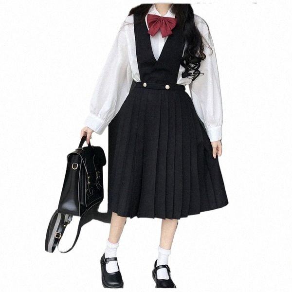 escola UNIFORM SKIRT TOP ESTUDANTE COSPLAY TRAJE Puro preto MARINHA saia de enfermagem JK uniforme saia plissada colete de estudante dr k5Ck #