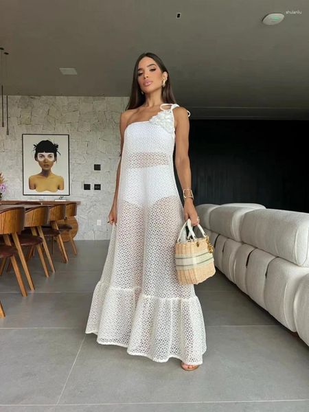 Casual Kleider Sexy 3D Blume Langes Kleid Frauen 2024 Sommer Semi-sheer Party Elegante Dünne Eine Schulter Maxi Vestidos urlaub Strand Robe