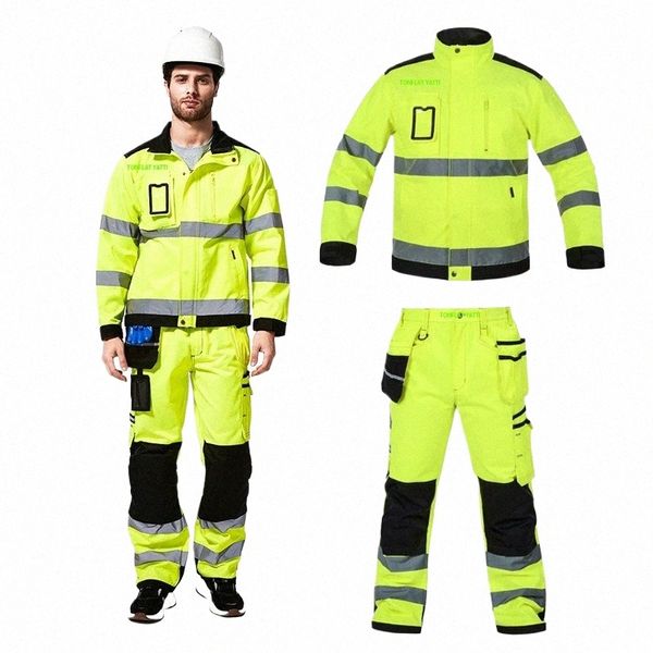 Cinto reflexivo alto amarelo fluorescente Split Night Work Clothing com vários bolsos, oficina de reparação de máquinas de segurança geral c3Sp #