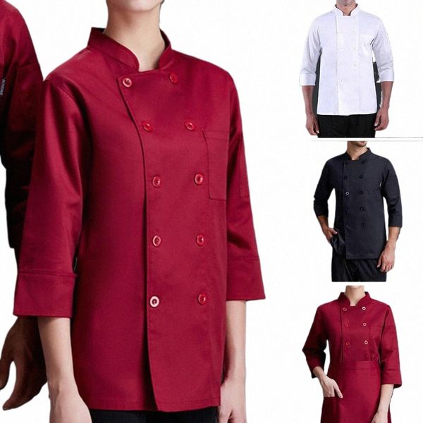 Gola LG Mangas Chef Uniforme Double Breasted Patch Pocket Chef Jacket Mulheres Homens Serviço Padaria Respirável Chef Camisa T5LS #