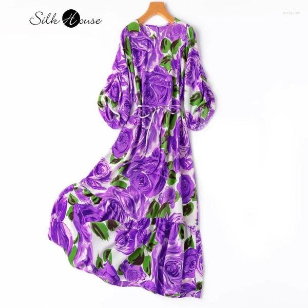 Freizeitkleider „Flower Sea Purple Dream“ Kleid aus natürlicher Maulbeerseide 03, Crêpe de Chine, Laternenärmel, Rüschenrand, großer Saum, bedrucktes Kleid für Damen