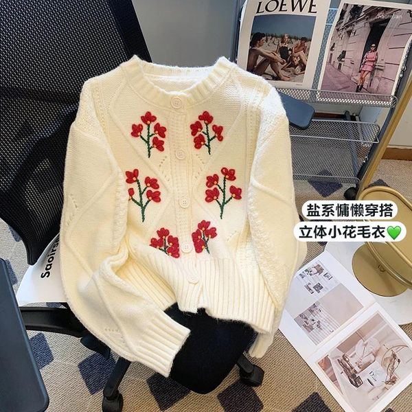Женский трикотаж, винтажный вязаный кардиган с цветочной вышивкой, свитер, пальто, женский корейский модный трикотаж с круглым вырезом и длинными рукавами, топы, джемпер 2024