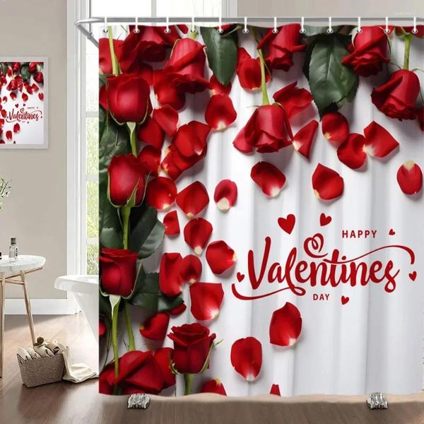 Tende da doccia Tenda per San Valentino Fiore di rosa Cuore Pianta romantica Amore Rossetto Tessuto stampato in poliestere Decorazione del bagno