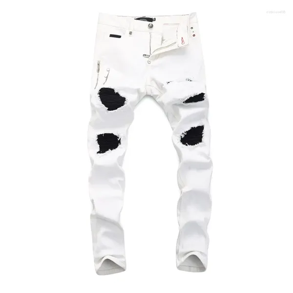 Erkek kot pleinxplein orijinal tasarım koca beyaz streç erkek ince denim pantolon kafatası pantolon erkekler için pantolon 378