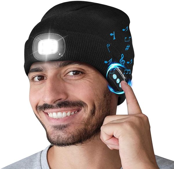 Cappello a cuffia LED Bluetooth con luce altoparlante stereo incorporato e microfono Lampada frontale ricaricabile USB Cuffie Torcia Cappello musicale Regali8391141