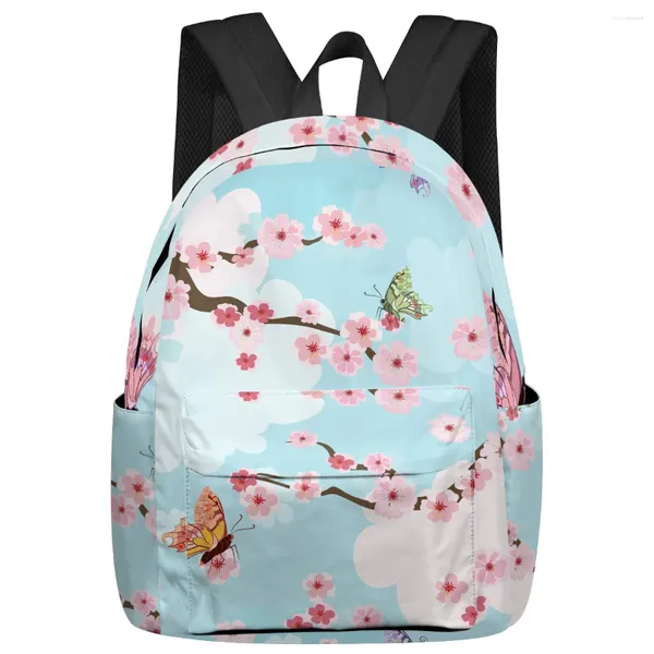 Mochila Borboleta Flor de Cerejeira Rosa Estudante Sacos Escolares Laptop Personalizado para Homens Mulheres Feminino Mochila de Viagem