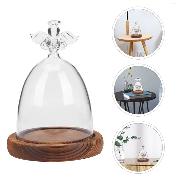 Vasos Clear Glass Dome Angel Design Capa Micro-Paisagem Vaso Com Base De Madeira