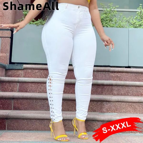 Bottoms plus size size sexy hollow Out White Skinny Jeans 3xl Summer Streetwear Women Women High Rold Ripped Lace Up Bandagem jeans Lápis