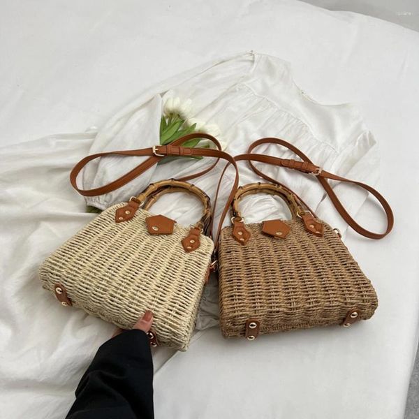 Saco de verão senhoras tecido tote alça de bambu tecelagem axilas artesanal casual simples portátil alça ajustável para férias à beira-mar