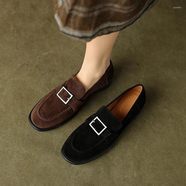 Sapatos casuais femininos bombas loaferskid camurça conciso preto marrom fundo plano dedo do pé redondo senhora primavera verão outono elegante y108