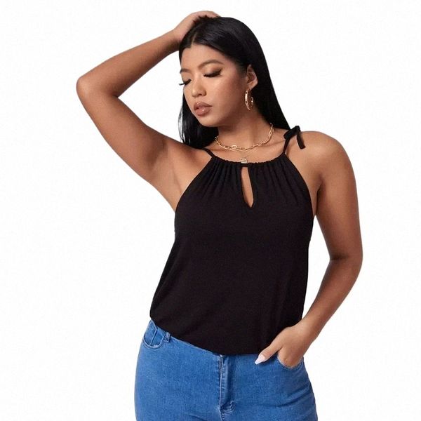 Plus Size Sexy Hater Neck Verão Casual Top Mulheres Tie Detalhe Keyhole Frt Trabalho Escritório Tanque Feminino Tamanho Grande Praia Cami 6XL 7XL E4BN #