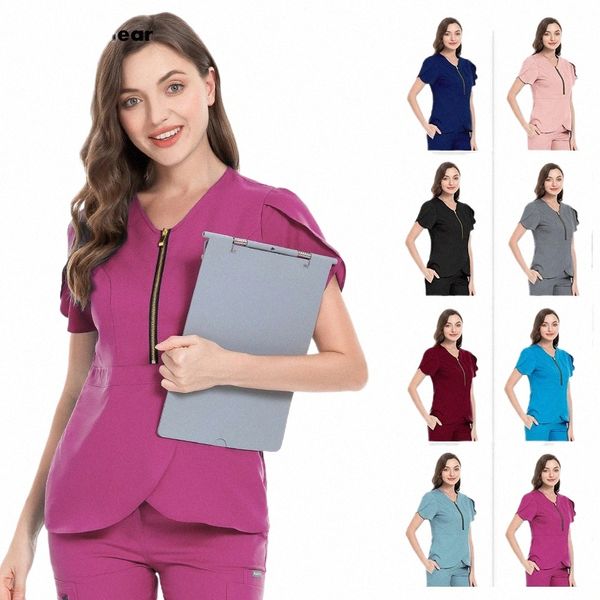 beleza Sal Workwear Mulheres Mangas Curtas Spa Uniformes Dentista Cuidados de Saúde Enfermeira Esfrega Tops Médico Esfoliante Roupas de Trabalho b1fq #