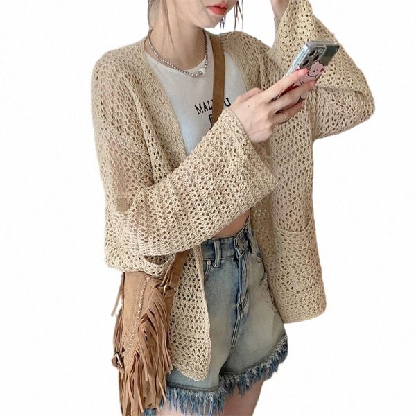 Sommer Herbst Strickjacke Frauen Lose Solide Aushöhlen Einfache Design Stricken Freizeit Allgleiches Sommer Elegante Ferien Koreanischen Stil l7Ab #