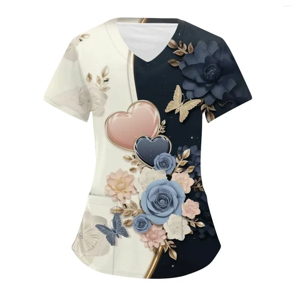 Camisas femininas plus size impresso uniforme de trabalho topos para decote em v manga curta camisetas workwear t com bolsos roupas femininas