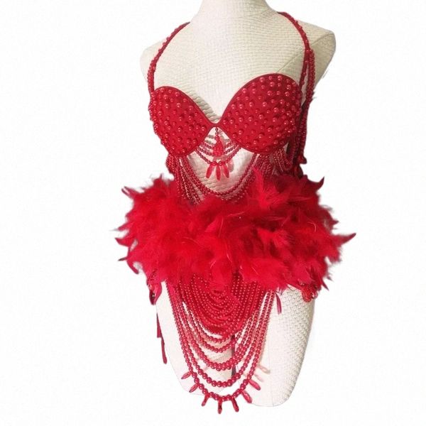 Sexy Pole Dance Bikini Frauen Bühne Performance Wear Festival Outfit Drag Queen Kostüm Weiß Rot Volle Perlen Pelz Bodysuit P8Xr #
