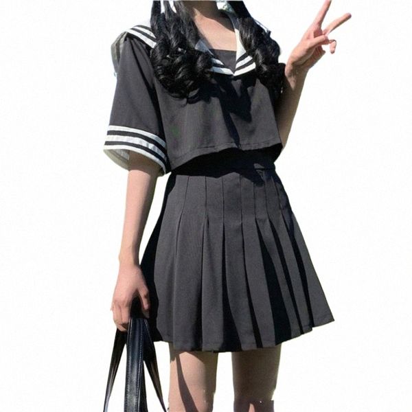 Japonês Coreano Versi Preto Branco JK Terno Mulher Uniforme Escolar Crop Sailor Top Cosplay Trajes Estudante Meninas Saia Plissada 88DK #