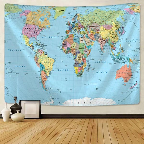 Tapeçarias mapa tapeçaria tecido de alta definição parede pendurado decoração aquarela pintura carta poliéster toalha de mesa yoga praia t
