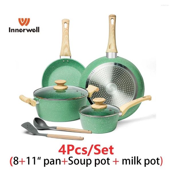 Set di pentole Set da cucina Innerwell Padella da 8/11 pollici Pentola per zuppa Pentole per latte Antiaderente Non tossico Colazione Cucina Gourmet Stir Fry