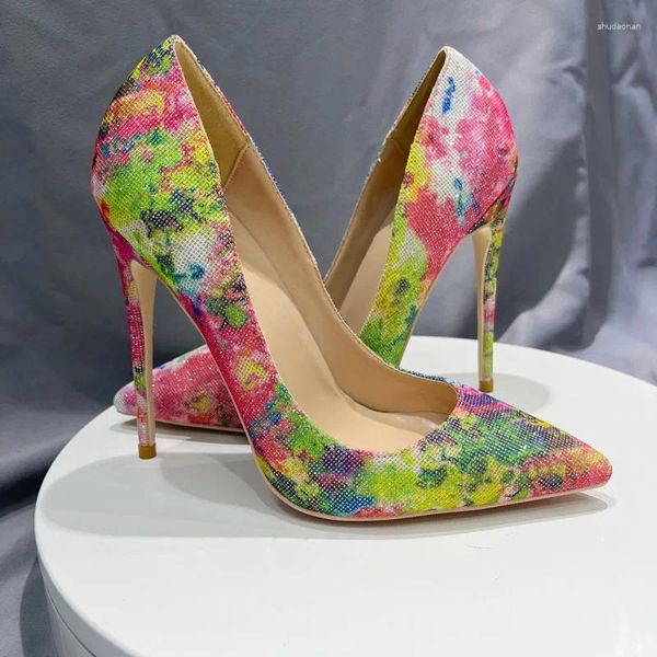 Sapatos de vestido 12cm brilhante mulher de salto alto raso apontado dedo bonito floral salto alto stiletto bombas designer para mulheres