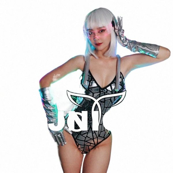 Tech sexy pole dance outfit feminino sier espelhos bodysuit gogo dança traje bar boate dj ds palco rave roupas xs7303 z769 #