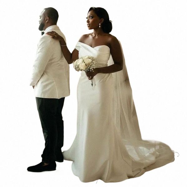 Semplice abito da sposa Dr White Satin sirena / tromba abiti eleganti per le donne 2023 sposa al largo della spalla abito da sposa africano g1Fu #