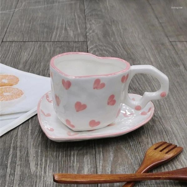 Canecas Novidade Pintada à Mão Caneca de Amor Criativo Coração Lidar com Água Leite Copo Adorável Rosa Handmade Cerâmica Café