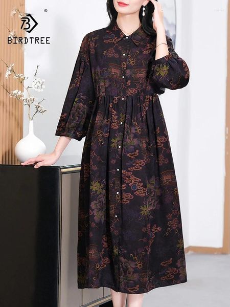 Abiti casual BirdTree Vera Seta XiangYunSha Elegante Risvolto Fiore Stampa Moda Vintage Abito Versatile 2024 Primavera D42302QC