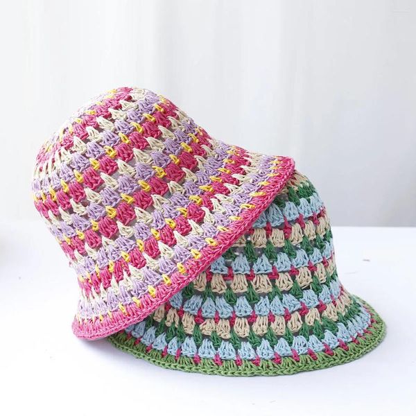 Шляпы с широкими полями 2024, модный стиль, шляпа-ведро, многоцветная складная шляпа от солнца, вязаная крючком для пляжного путешествия и отдыха, соломенная ручная работа