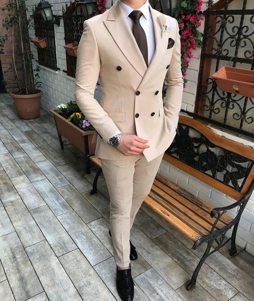 Ternos masculinos formais bege para casamento, smoking, slim fit, blazer vermelho duplo, 2 peças, customizado, homem de negócios, roupas sob medida, jac3693206