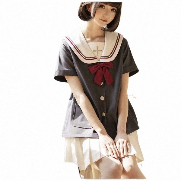 Uniformes escolares Meninas cinza Estudante Terno curto Lg Manga Japonês Cosplay doce lolity Jk College Sailor Uniform saia branca C3MN #