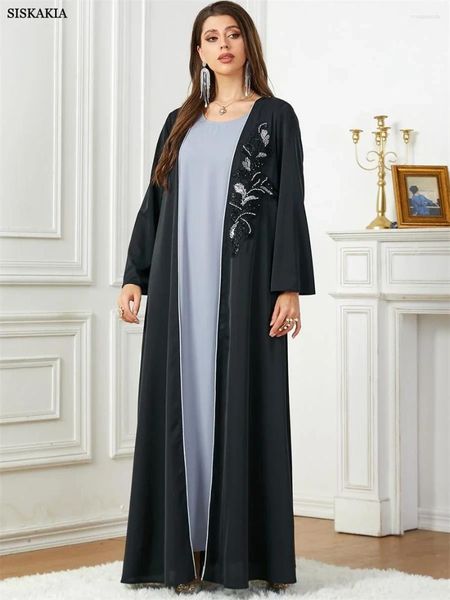 Abbigliamento etnico Arabo Saudita Casual Sciolto Nero Perline floreali Drappeggiato Aperto Kimono Abaya Jalabiyat Marocchino Turco Borka Donne