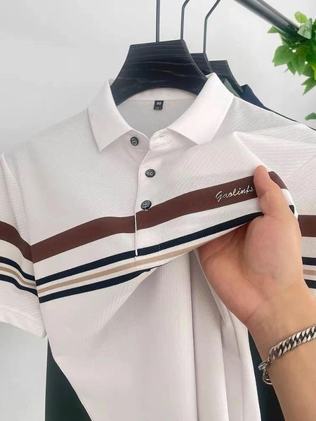 Herren-Polohemd, Sommer-Poloshirt aus Seide und Baumwolle, gestreift, kurzärmelig, atmungsaktiv, High-End-Mode, Briefdruck, lässiges Revers-T-Shirt