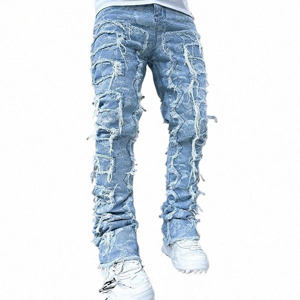 Imcute calças jeans empilhadas de ajuste regular masculino, rasgadas, skinny, destruídas, calças jeans retas, roupas de rua n5rk #