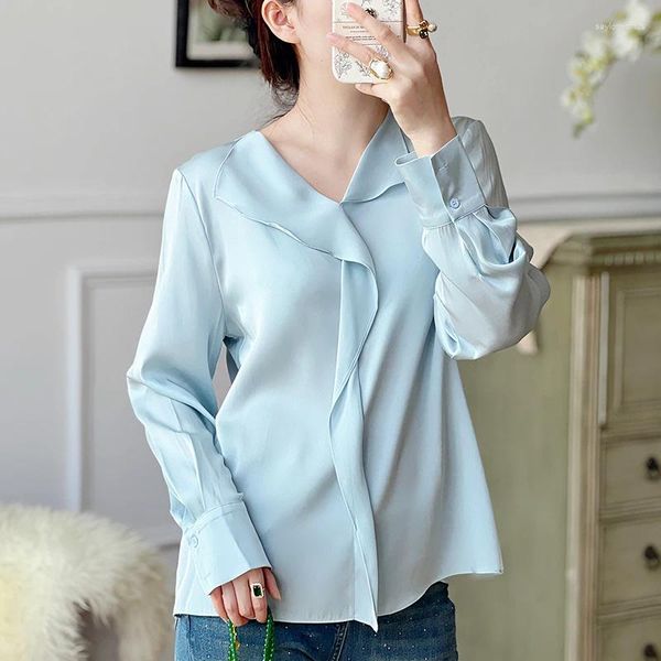 Damenblusen, 19-Momme-Bluse aus echter Seide, solide Oberteile, V-Ausschnitt, elegante Hemden, modisch, für Damen, Langarmshirt, Frühling und Sommer