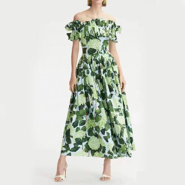 Grundlegende Freizeitkleider 2023 Fancy Dress Womens Floral Bedruckte geraffte Taille Slash Neck Puff Sleeve Fit Flare Green Drop Delivery Appare Dhzyx