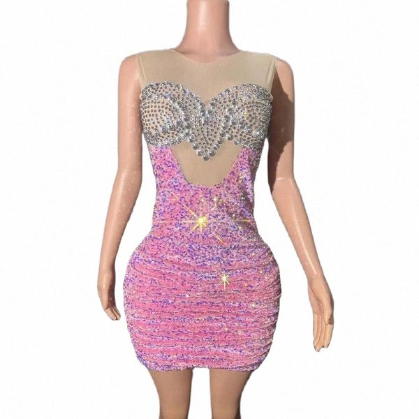 scintillante Rhinestes Evening Prom Festeggia il compleanno Dr Photography Dr Sexy Stage Backl Mesh Pink Veet Short Dr 41Xi #