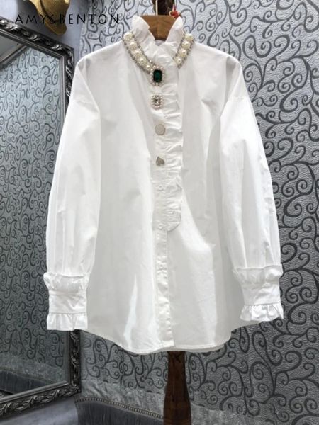 Camicette da donna stile francese squisito strass in rilievo camicetta arricciata donna 2024 inizio primavera moda retrò manica lanterna slim bianco