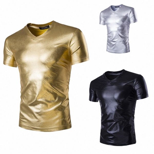 Ouro brilhante metálico V Neck T Shirt Homens Hip Hop Punk Camiseta Homens DJ Nightclub Bar Camiseta Homme Slim Fit Manga Curta T-shirt Y1tN #