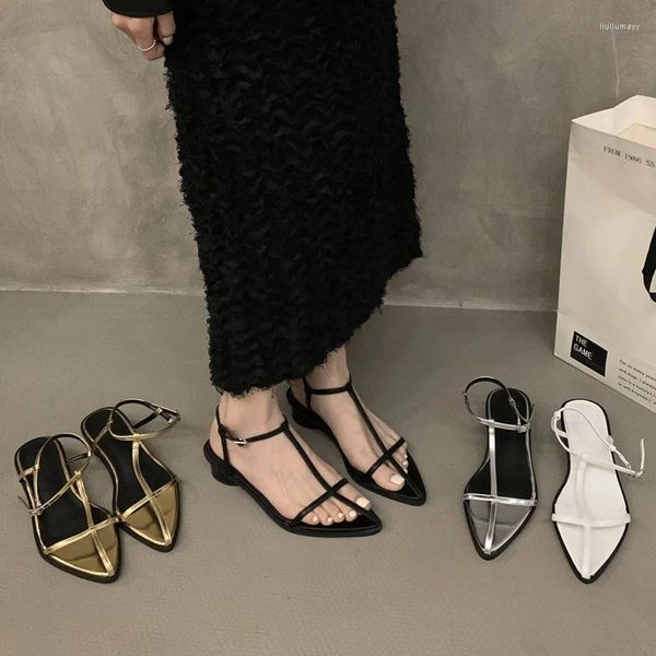 Sandali marchio di moda cinturino alla caviglia scarpe estive casual donna tacco basso scivoli a fascia stretta sandali eleganti con nastro dorato Mujer