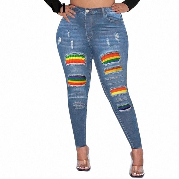 Kadınlar artı boyutu seksi kot pantolon, gökkuşağı baskısı yırtılmış yüksek yükseltici orta streç popo sinek cepli skinny jeans j5da#