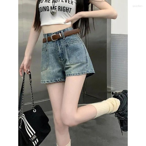 Frauen Shorts 2024 Koreanische Mode Hohe Taille Denim Frauen Sommer Lose Jeans Weibliche EIN Wort Breite bein Hosen Kurze jean Mit Gürtel